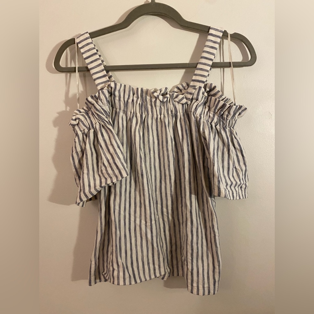 Lucky Brand Shoulderless Striped Cream w/ Navy Stripes Top